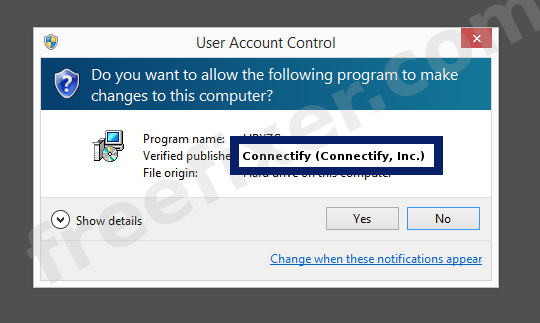 Screenshot where Connectify (Connectify, Inc.) appears as the verified publisher in the UAC dialog